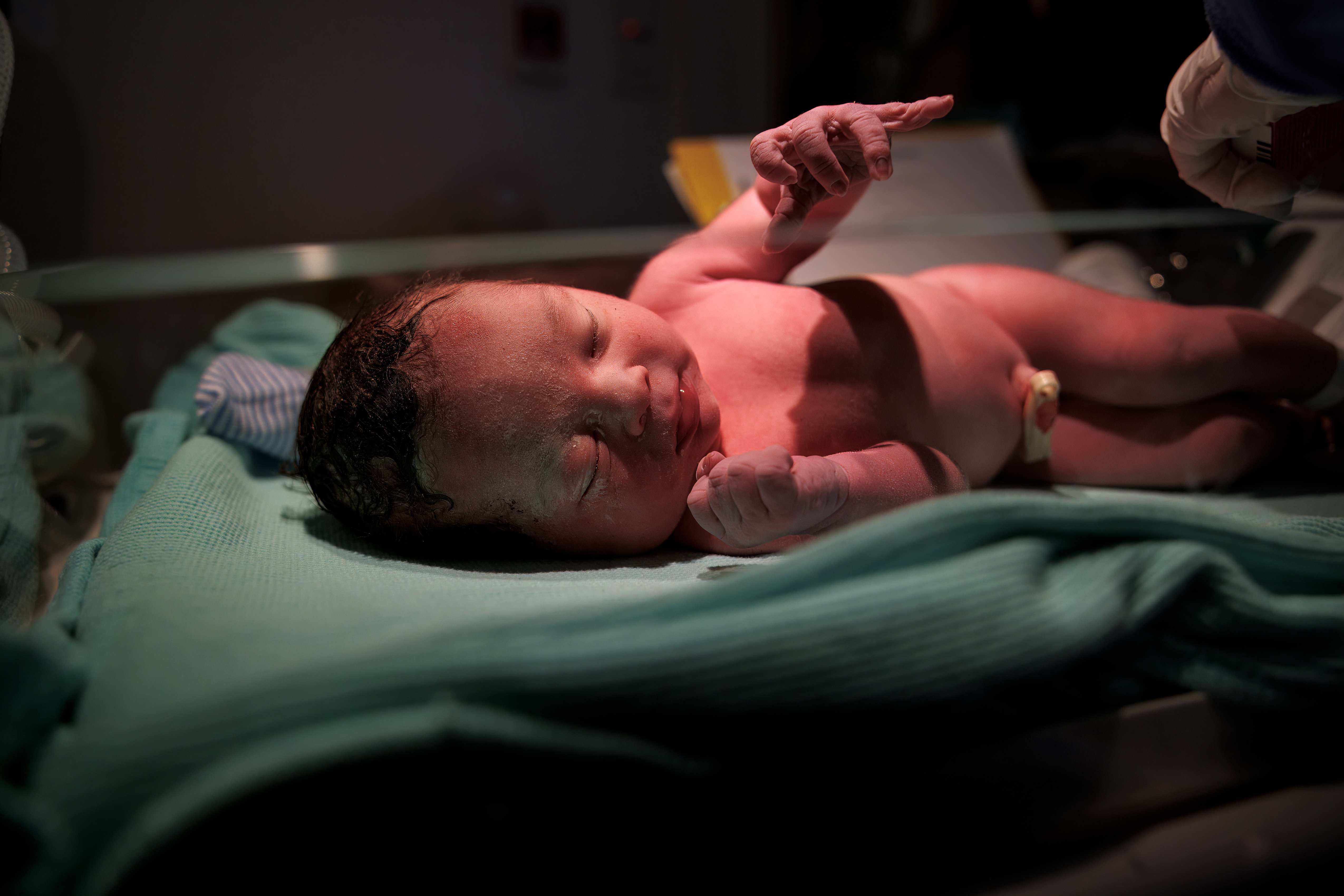 Fresh newborn under warm light on the warmer
